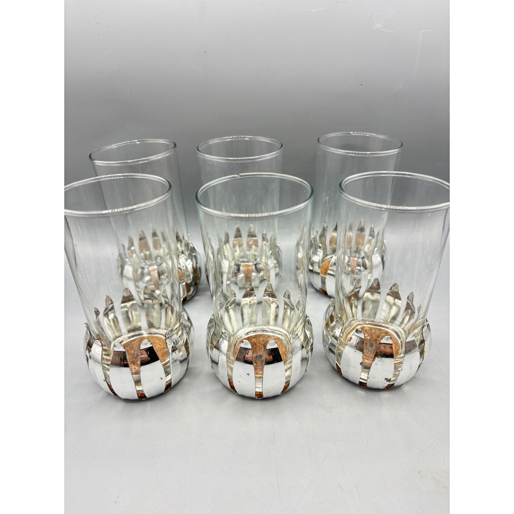 Vintage MCM Chrome‎ Tulip Lotus Highball Glass Set of 6 Cork Lined Mid Century